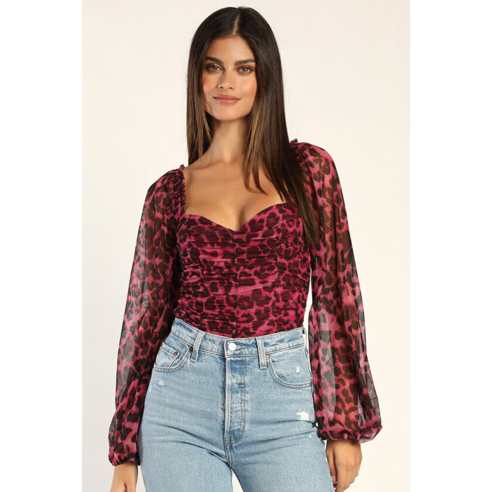 Lulus Daringly Wild Magenta Cheetah Print Ruched Long Sleeve Bodysuit Pink
